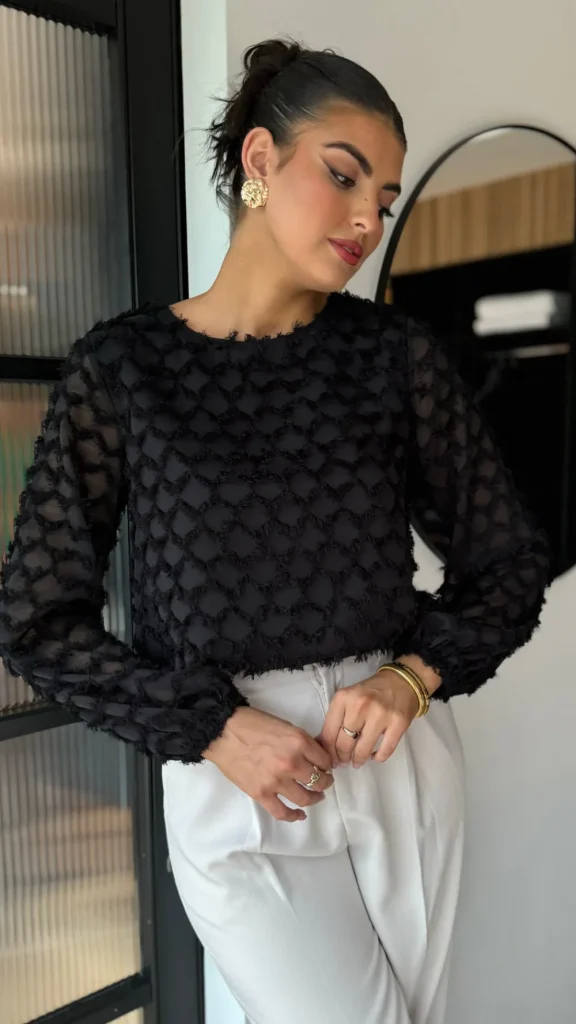 LUCCE Tops^Isabelle Black Textured Feather Detail Top