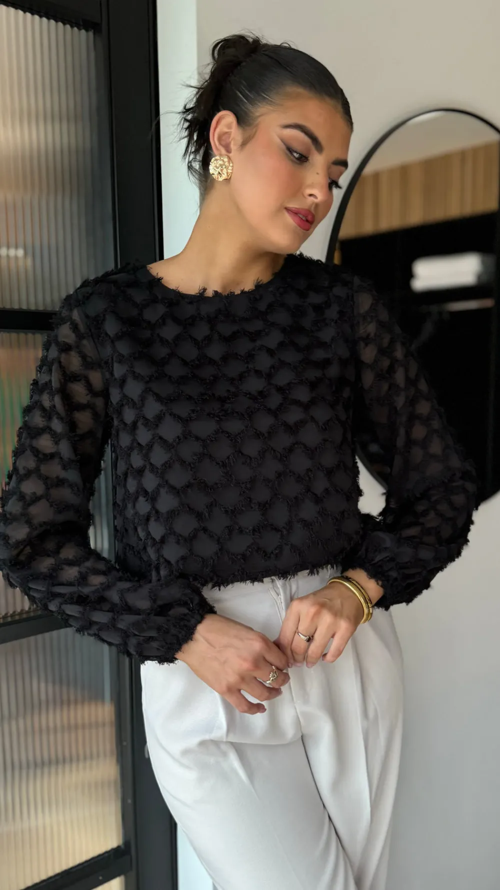 isabelle_black_textured_f_1.webp LUCCE Tops^Isabelle Black Textured Feather Detail Top