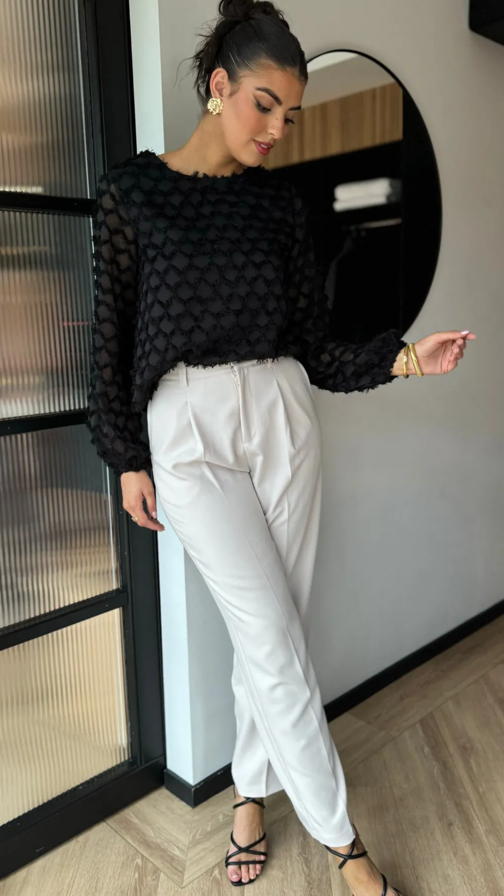 isabelle_black_textured_f_2.webp LUCCE Tops^Isabelle Black Textured Feather Detail Top