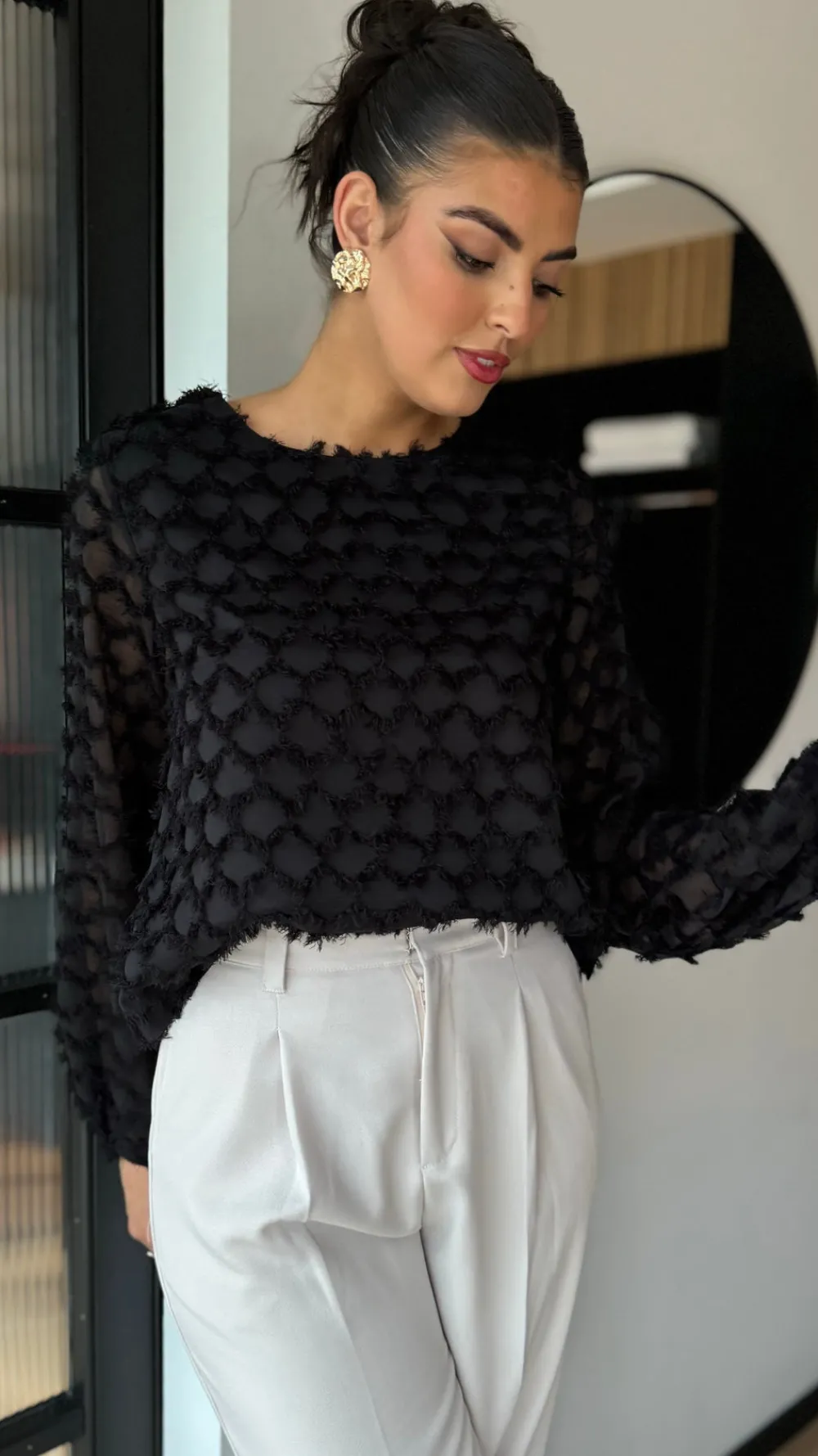 isabelle_black_textured_f_3.webp LUCCE Tops^Isabelle Black Textured Feather Detail Top