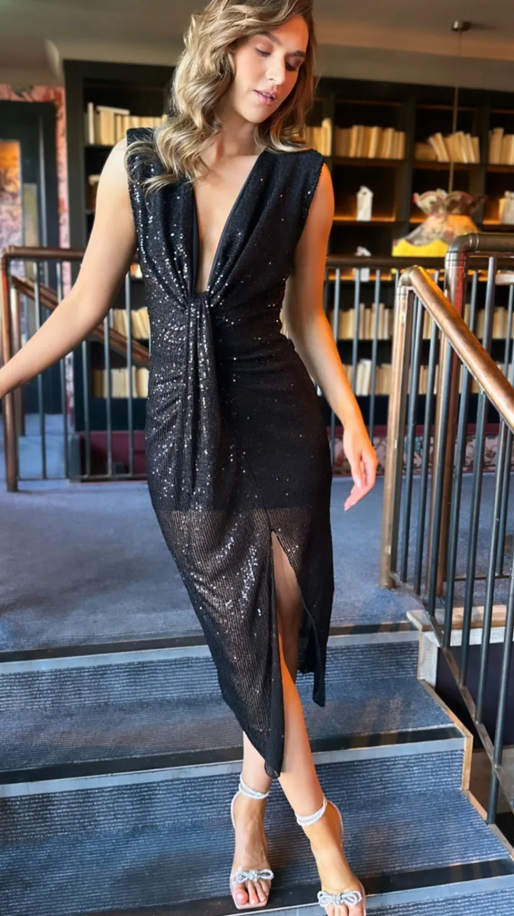 isadora_black_sequin_drap_2.webp SARL KAIA Going Out Dresses | Occasion Dresses^Isadora Black Sequin Draped Midi Dress