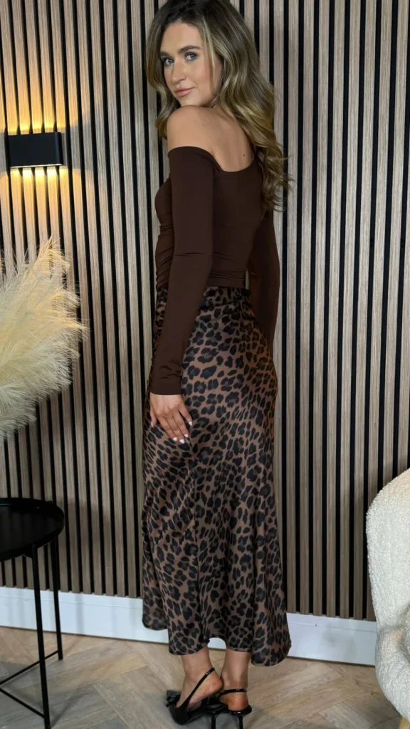 ESTEE BROWN Skirts & Shorts^Jacinta Beige & Black Leopard Print Satin Finish Midi Skirt