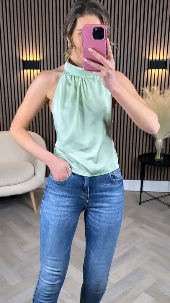 PARIS FASHION SHOPS Tops^Jackson Light Green High Neck Back Tie Detail Top