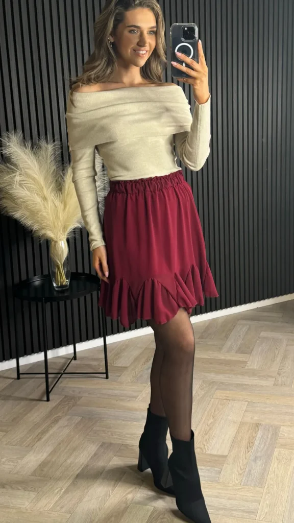 ESTEE BROWN Skirts & Shorts^Jayne Burgundy Frill Hem Mini Skirt
