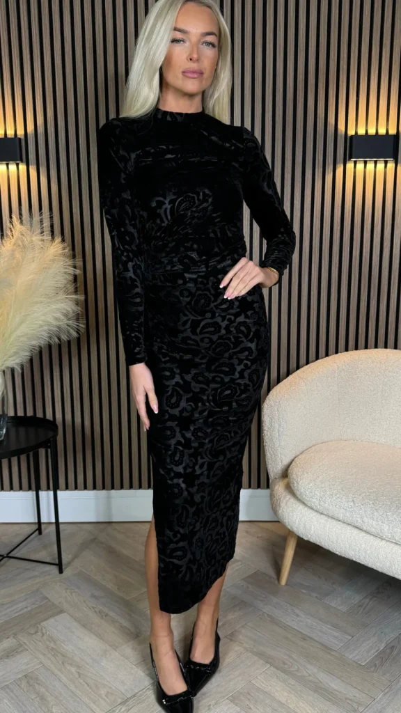 AX PARIS Going Out Dresses | Midi Dresses^Jemima Black Jacquard Velvet Long Sleeve Ruched Side Midi Dress