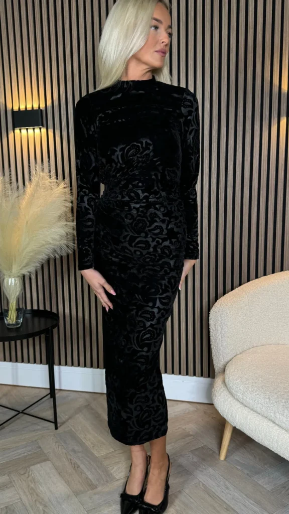 AX PARIS Going Out Dresses | Midi Dresses^Jemima Black Jacquard Velvet Long Sleeve Ruched Side Midi Dress