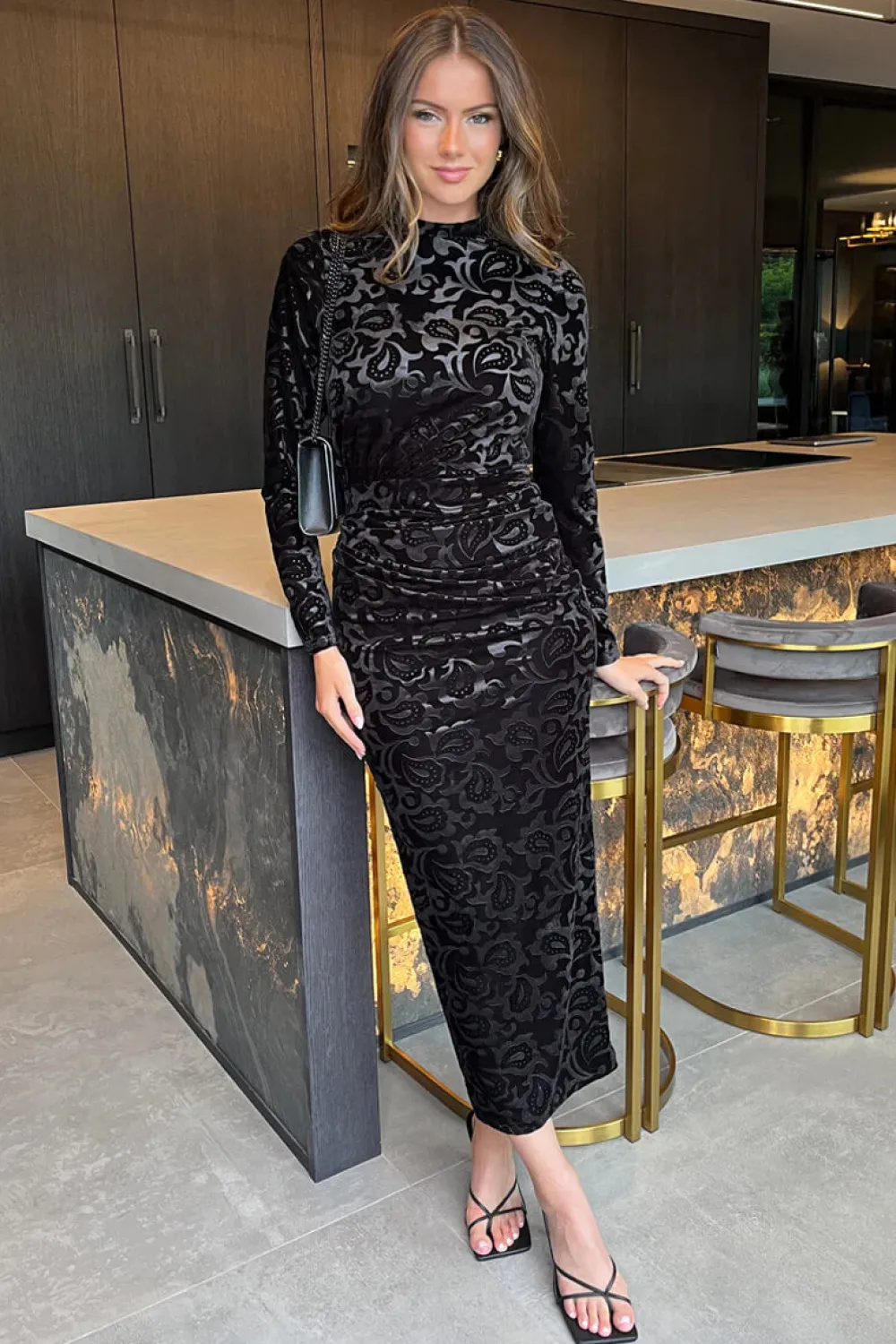 jemima_black_jacquard_vel_5.webp AX PARIS Going Out Dresses | Midi Dresses^Jemima Black Jacquard Velvet Long Sleeve Ruched Side Midi Dress