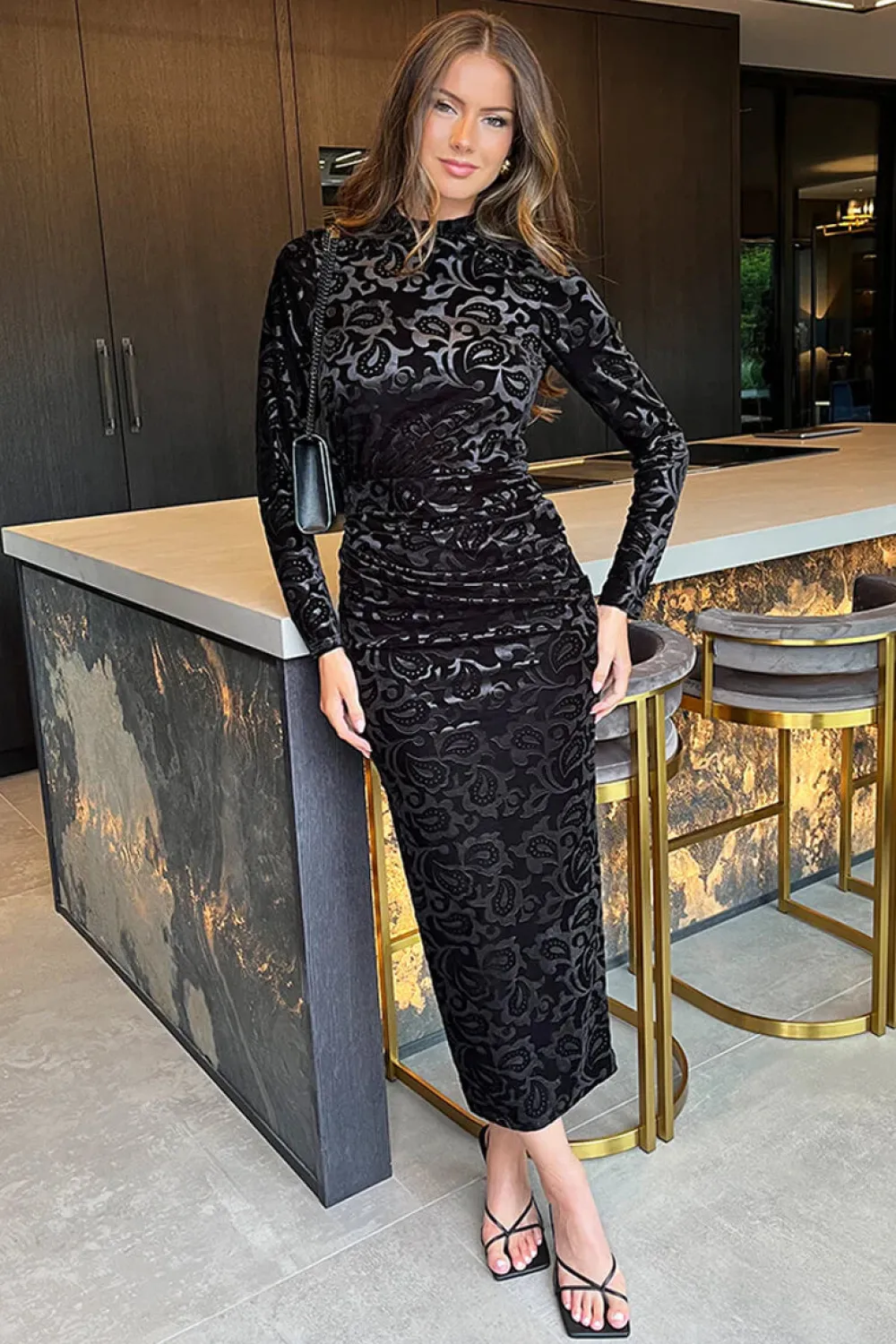 jemima_black_jacquard_vel_6.webp AX PARIS Going Out Dresses | Midi Dresses^Jemima Black Jacquard Velvet Long Sleeve Ruched Side Midi Dress
