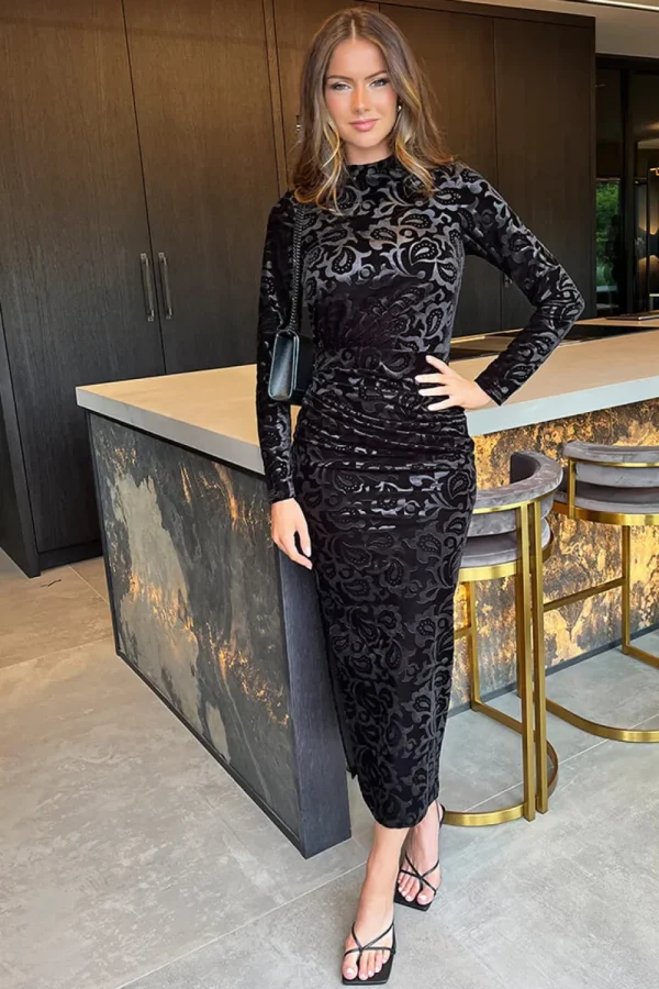AX PARIS Going Out Dresses | Midi Dresses^Jemima Black Jacquard Velvet Long Sleeve Ruched Side Midi Dress