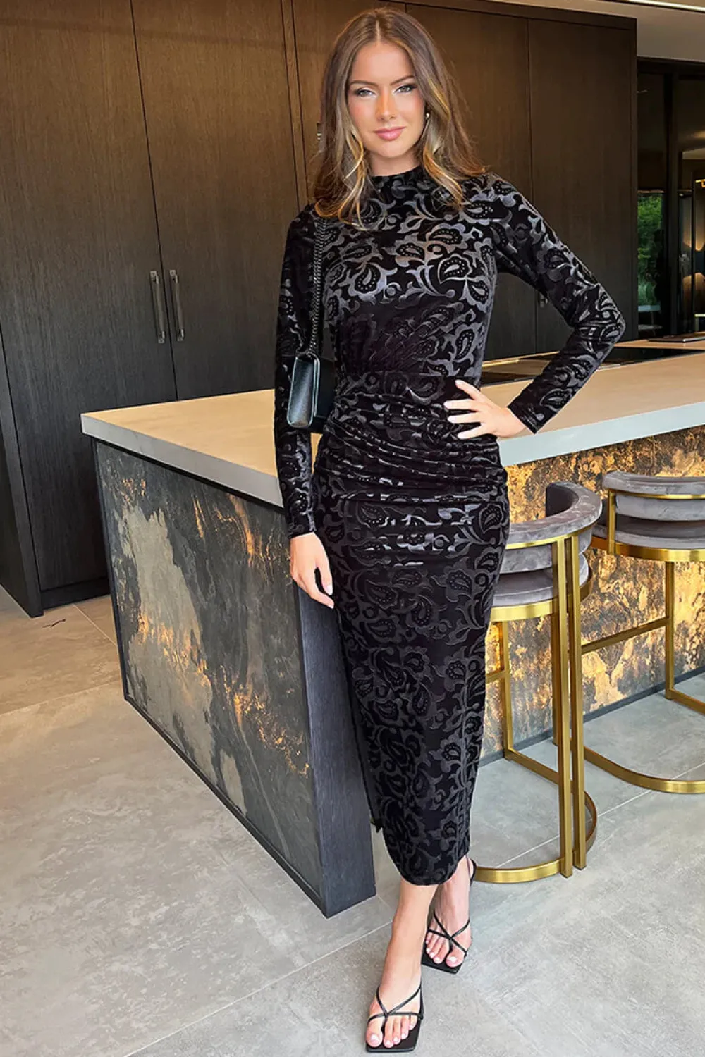 jemima_black_jacquard_vel_7.webp AX PARIS Going Out Dresses | Midi Dresses^Jemima Black Jacquard Velvet Long Sleeve Ruched Side Midi Dress