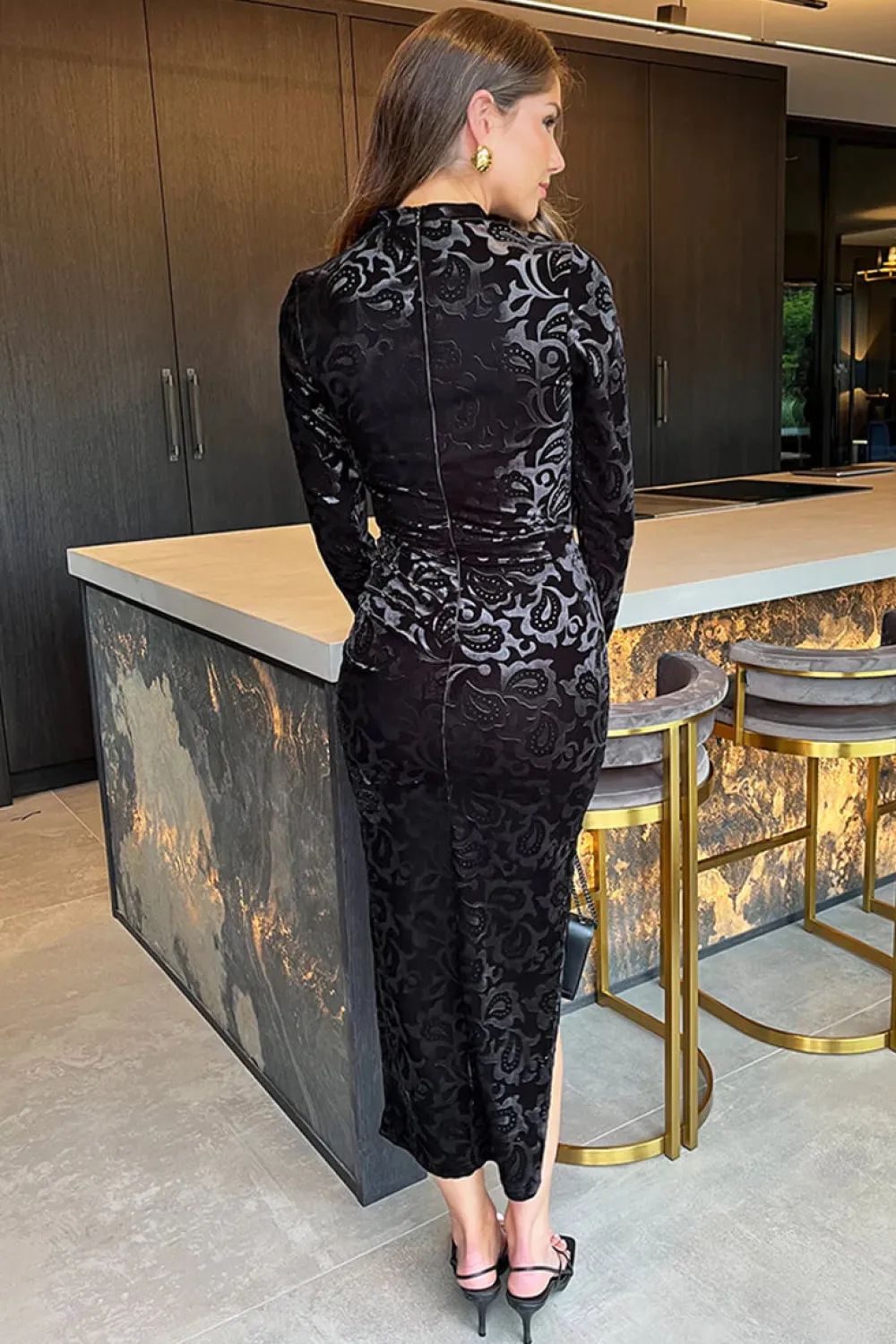 jemima_black_jacquard_vel_9.webp AX PARIS Going Out Dresses | Midi Dresses^Jemima Black Jacquard Velvet Long Sleeve Ruched Side Midi Dress