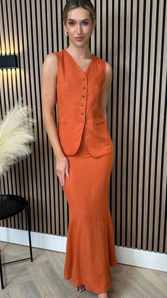 ELENZA Co-ords | Occasion Dresses^Joey Rust Waistcoat & Midi Skirt Co Ord