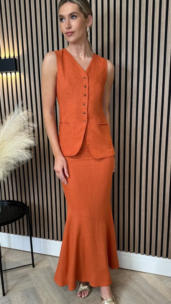 ELENZA Co-ords | Occasion Dresses^Joey Rust Waistcoat & Midi Skirt Co Ord