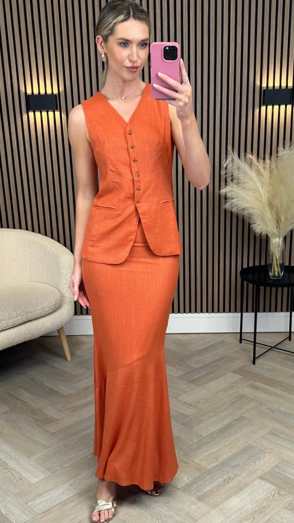 ELENZA Co-ords | Occasion Dresses^Joey Rust Waistcoat & Midi Skirt Co Ord