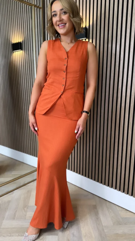 ELENZA Co-ords | Occasion Dresses^Joey Rust Waistcoat & Midi Skirt Co Ord