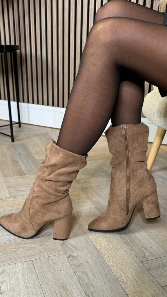 BG VICTORIA Heels | Boots^Joey Taupe Ruched Block Heel Suede Finish Boots
