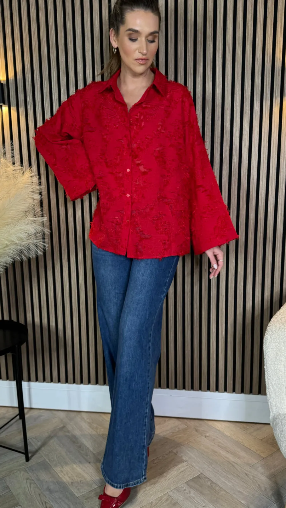 jovie_red_textured_oversi_1.webp ELINA STUDIO Tops^Jovie Red Textured Oversized Shirt