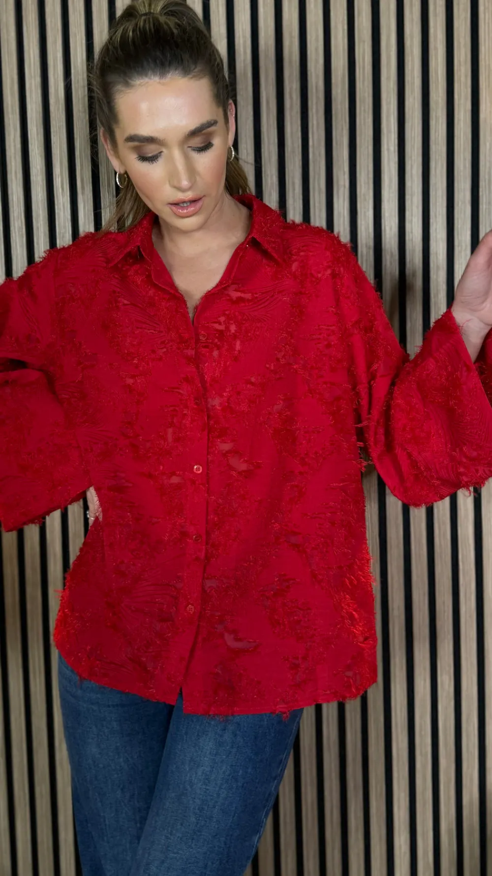 jovie_red_textured_oversi_3.webp ELINA STUDIO Tops^Jovie Red Textured Oversized Shirt