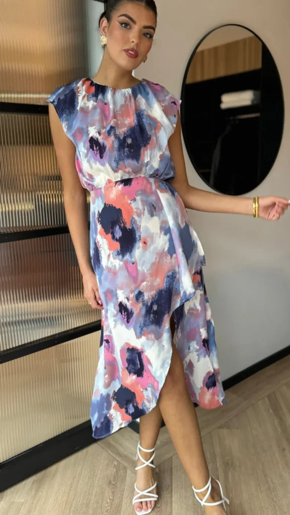 AX PARIS Going Out Dresses | Occasion Dresses^Julia Blue Multi Smudge Print Dipped Hem Midi Dress