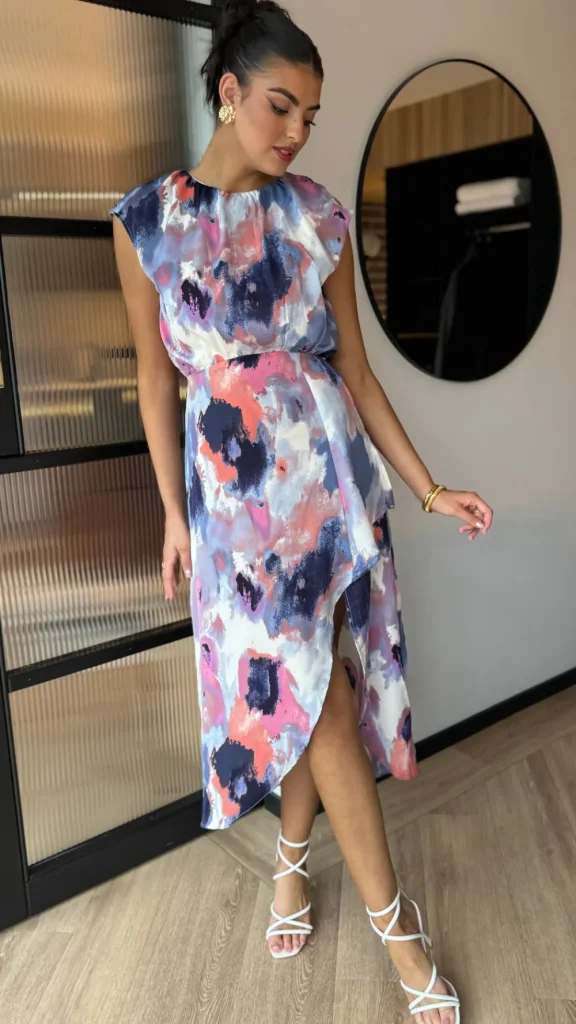 AX PARIS Going Out Dresses | Occasion Dresses^Julia Blue Multi Smudge Print Dipped Hem Midi Dress