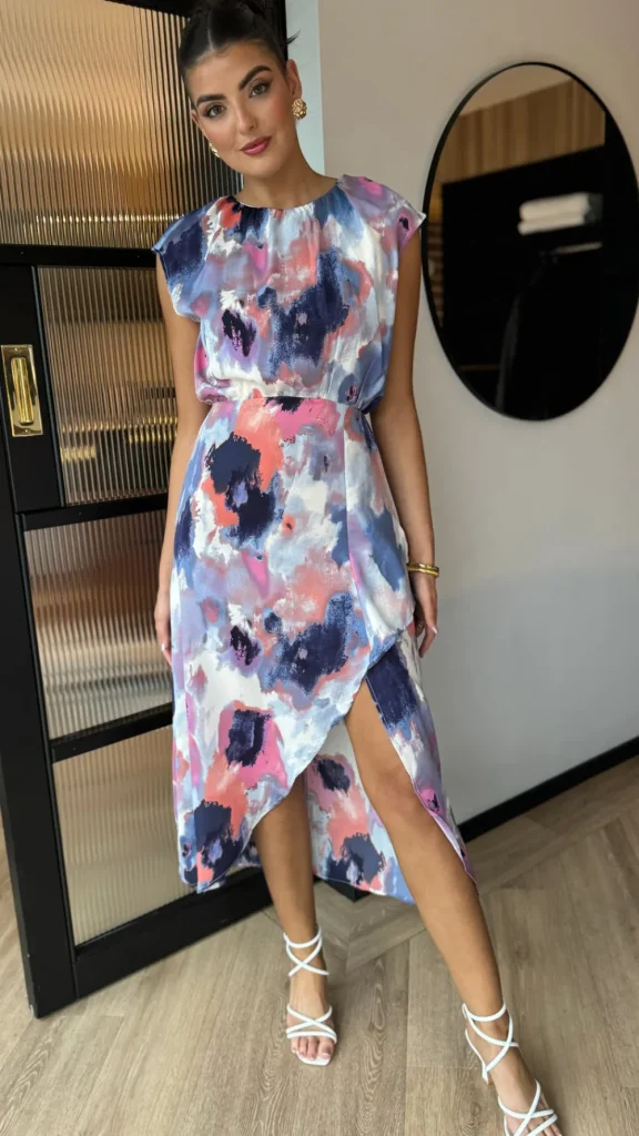 AX PARIS Going Out Dresses | Occasion Dresses^Julia Blue Multi Smudge Print Dipped Hem Midi Dress