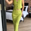 ELENZA Co-ords^Julia Olive Green Waistcoat & Midi Skirt Co Ord