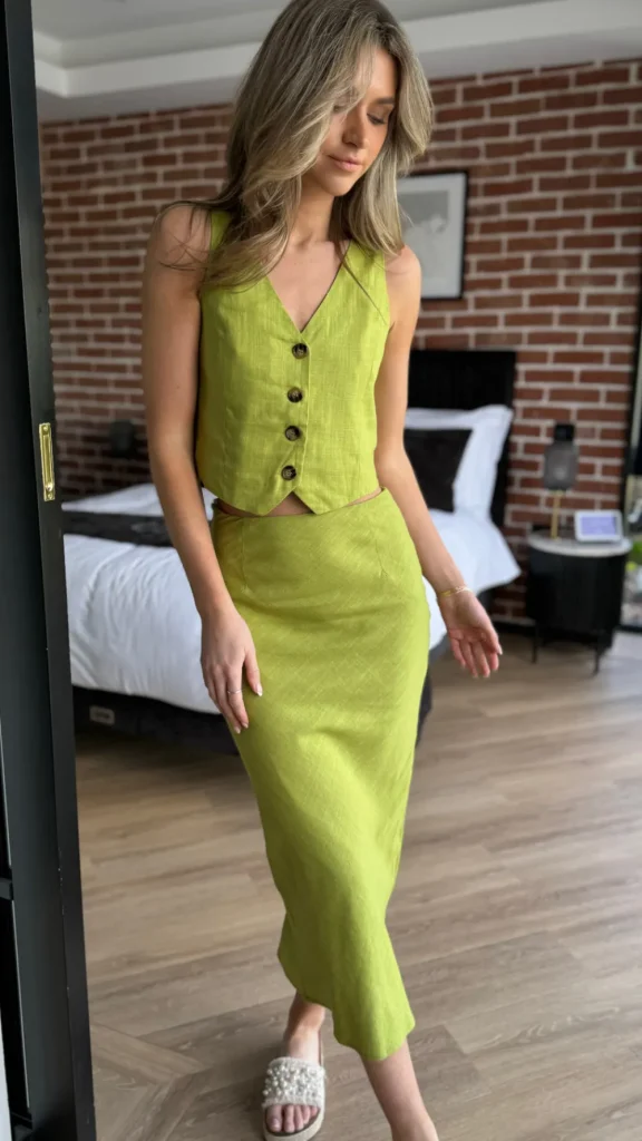 ELENZA Co-ords^Julia Olive Green Waistcoat & Midi Skirt Co Ord