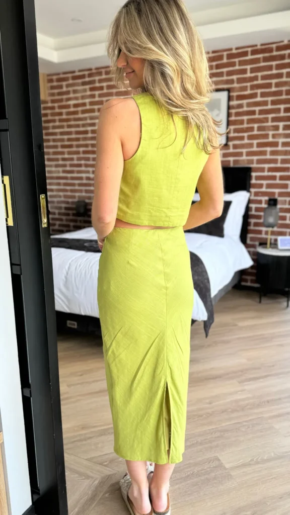 ELENZA Co-ords^Julia Olive Green Waistcoat & Midi Skirt Co Ord