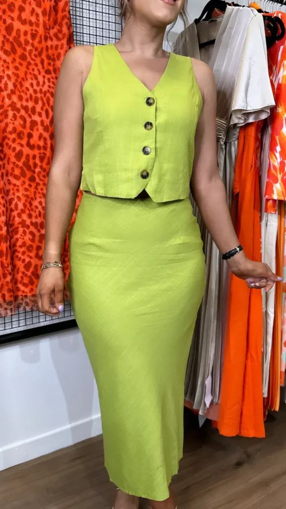 ELENZA Co-ords^Julia Olive Green Waistcoat & Midi Skirt Co Ord