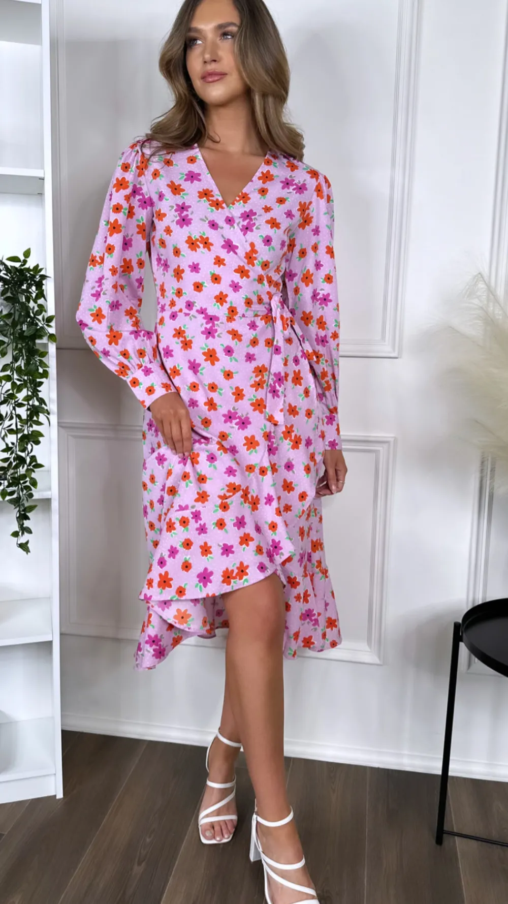 juliet_lilac_printed_flor_0.webp INFLUENCE Going Out Dresses | Occasion Dresses^Juliet Lilac Printed Floral Wrap Midi Dress