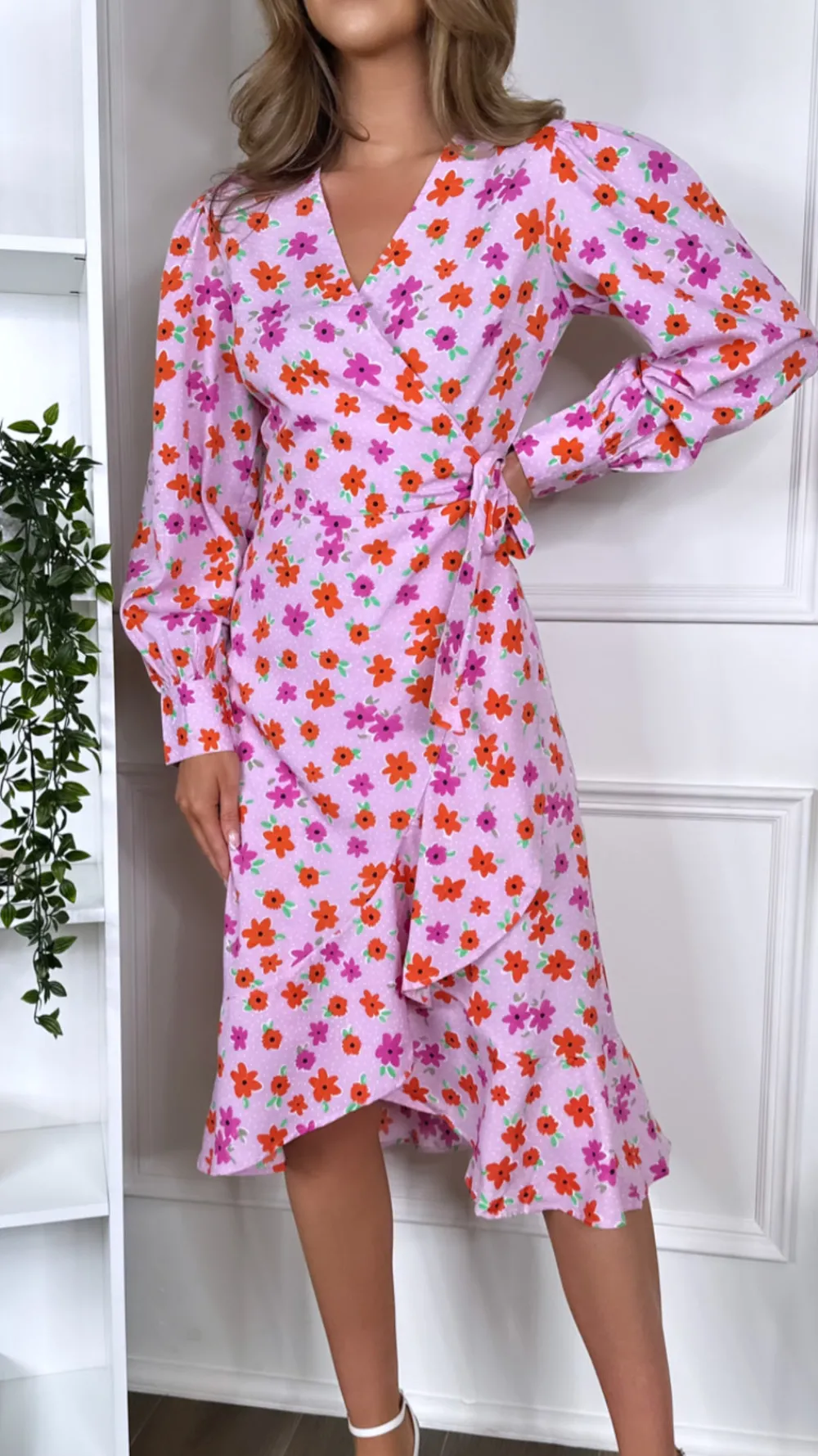juliet_lilac_printed_flor_4.webp INFLUENCE Going Out Dresses | Occasion Dresses^Juliet Lilac Printed Floral Wrap Midi Dress