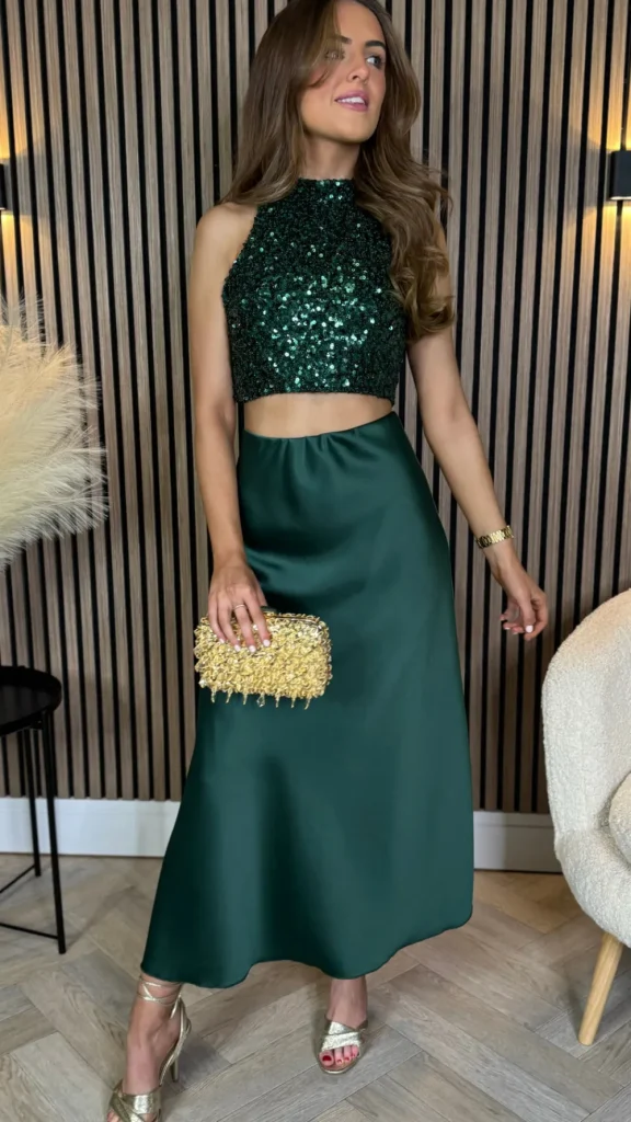 VERA LUCY Tops^Kara Forest Green Backless Halterneck Sequin Crop Top