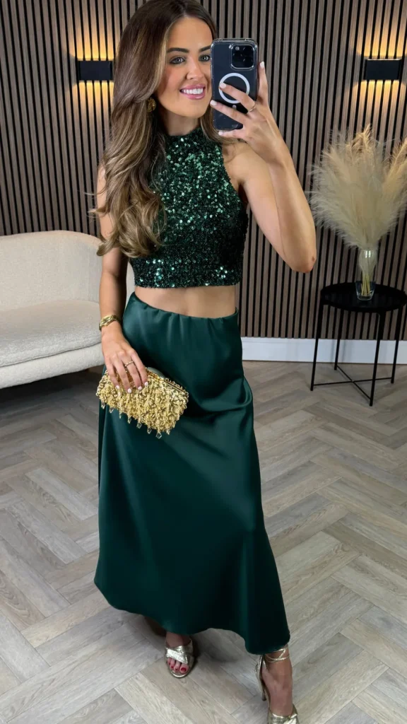 VERA LUCY Tops^Kara Forest Green Backless Halterneck Sequin Crop Top
