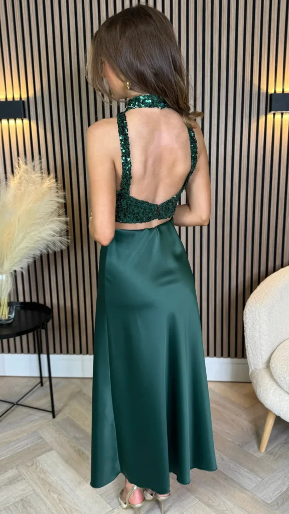 VERA LUCY Tops^Kara Forest Green Backless Halterneck Sequin Crop Top