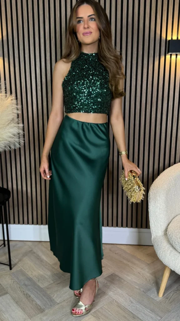 VERA LUCY Tops^Kara Forest Green Backless Halterneck Sequin Crop Top