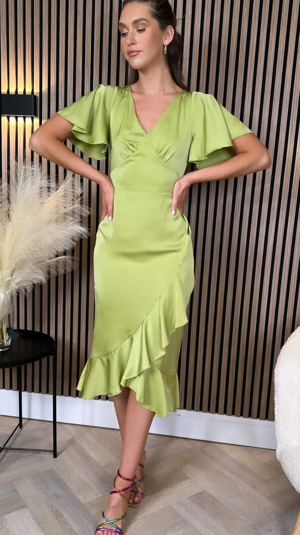 karen_lime_green_frill_de_1.webp GIRL IN MIND Going Out Dresses | Occasion Dresses^Karen Lime Green Frill Detail Midi Dress