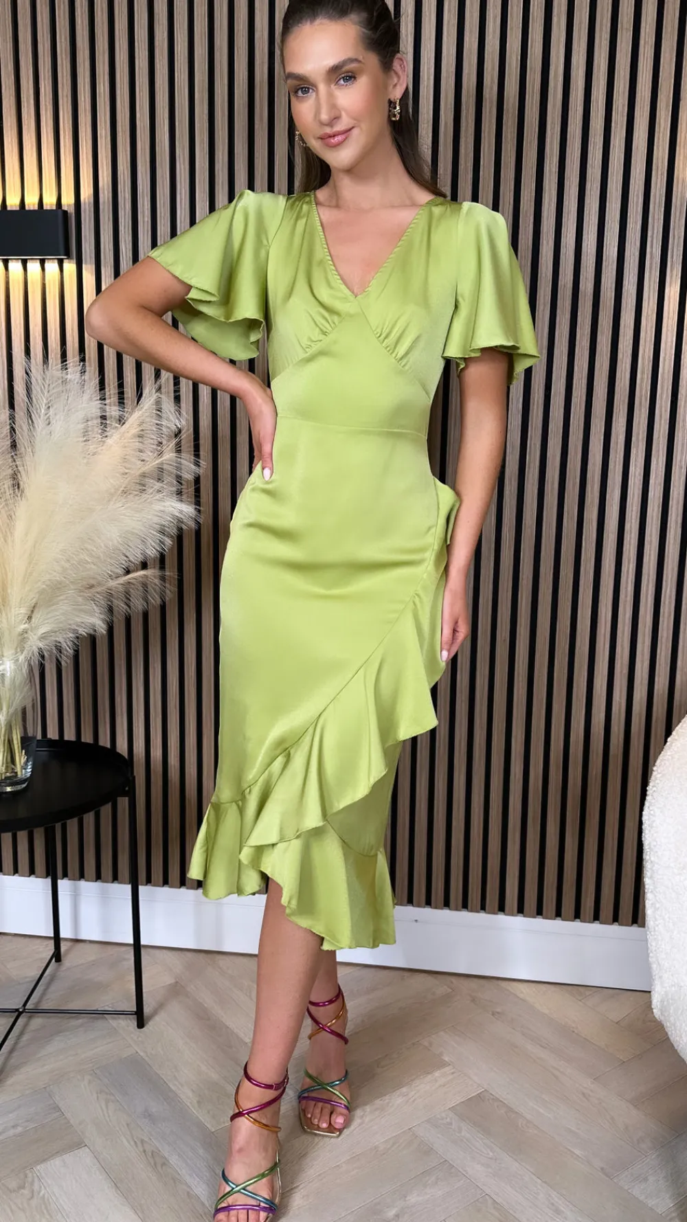 karen_lime_green_frill_de_2.webp GIRL IN MIND Going Out Dresses | Occasion Dresses^Karen Lime Green Frill Detail Midi Dress