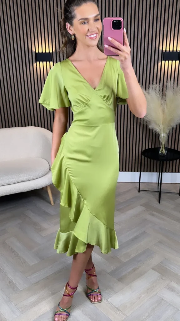 GIRL IN MIND Going Out Dresses | Occasion Dresses^Karen Lime Green Frill Detail Midi Dress