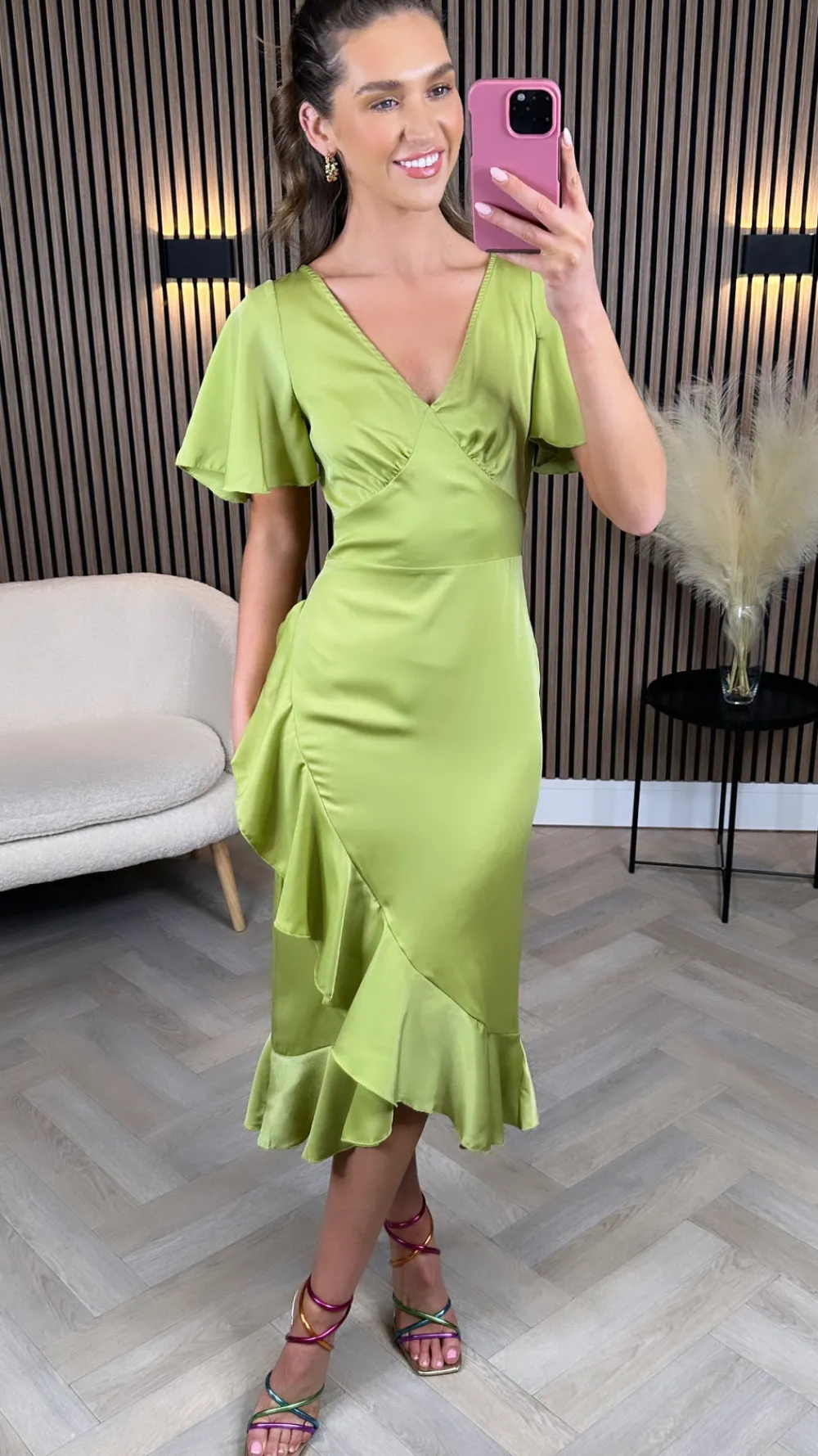 karen_lime_green_frill_de_4.webp GIRL IN MIND Going Out Dresses | Occasion Dresses^Karen Lime Green Frill Detail Midi Dress