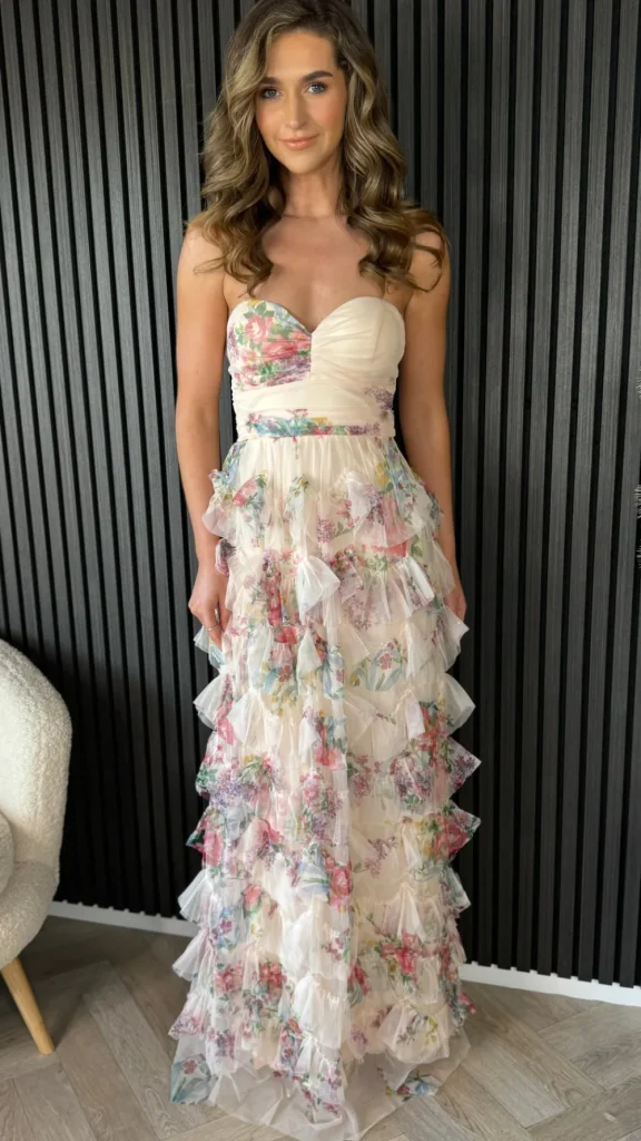 ERIKCH MODA Going Out Dresses | Occasion Dresses^Kassiana Beige Floral Print Bandeau Tulle Maxi Dress