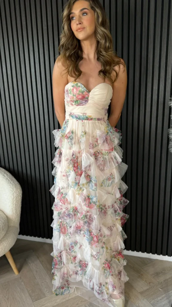 ERIKCH MODA Going Out Dresses | Occasion Dresses^Kassiana Beige Floral Print Bandeau Tulle Maxi Dress