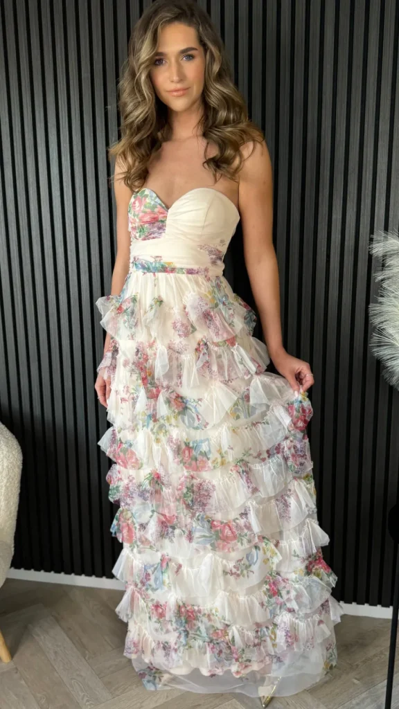 ERIKCH MODA Going Out Dresses | Occasion Dresses^Kassiana Beige Floral Print Bandeau Tulle Maxi Dress