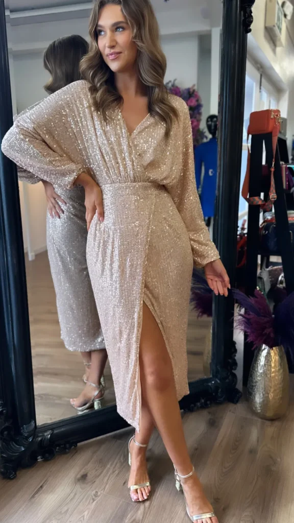 XThree Fitted Dresses | Occasion Dresses^Katarina Gold Sequin Long Sleeve Sequin Midi Dress