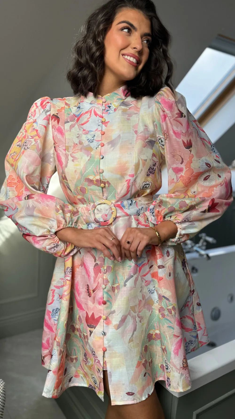 katherine_green_amp_pink__2.webp TIMELY Occasion Dresses | Mini Dresses^Katherine Green & Pink Floral Printed High Neck Mini Dress