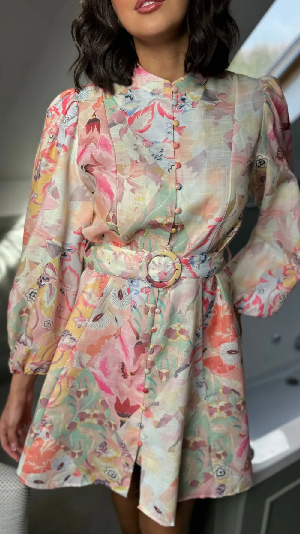 katherine_green_amp_pink__3.webp TIMELY Occasion Dresses | Mini Dresses^Katherine Green & Pink Floral Printed High Neck Mini Dress