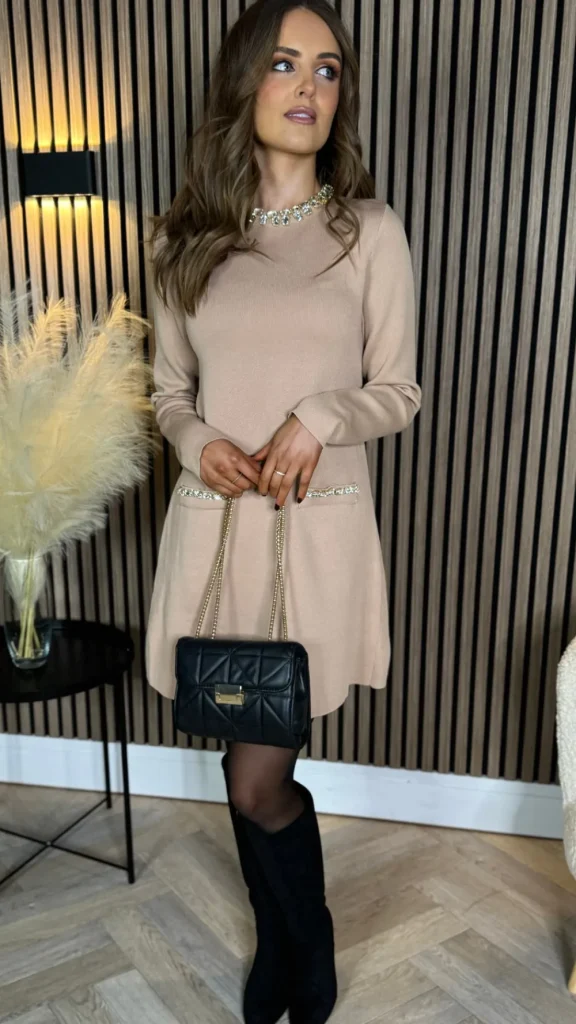 ALLYSON Fitted Dresses | Day Dresses^Kayra Beige Embellished Detail Mini Dress