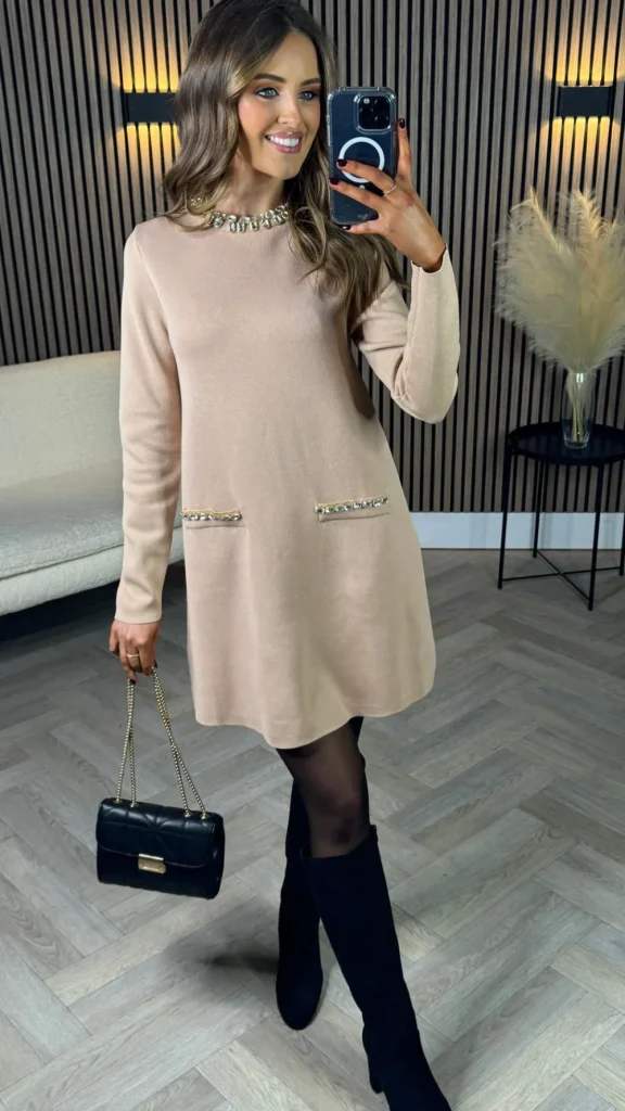 ALLYSON Fitted Dresses | Day Dresses^Kayra Beige Embellished Detail Mini Dress