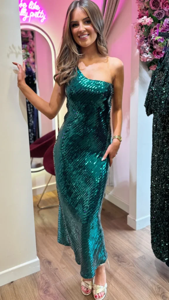 GIRL IN MIND Fitted Dresses | Going Out Dresses^Kendall Green Sequin One Shoulder Maxi Dress