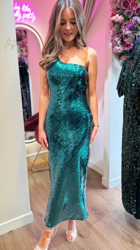 GIRL IN MIND Fitted Dresses | Going Out Dresses^Kendall Green Sequin One Shoulder Maxi Dress