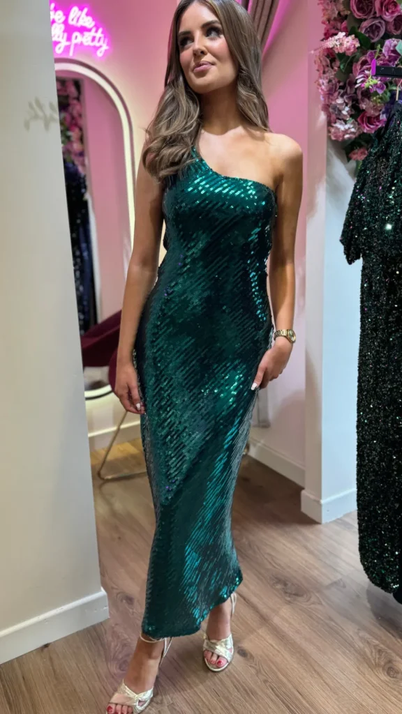GIRL IN MIND Fitted Dresses | Going Out Dresses^Kendall Green Sequin One Shoulder Maxi Dress